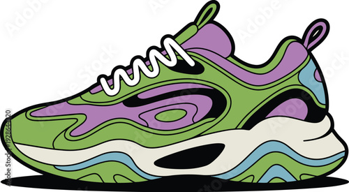 Retro Chunky Sneaker with Swirl Pattern and Bold Colors Athletic Footwear Design