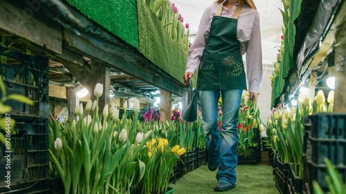 Fotografie Greenhouse worker tending to rows of blooming tulips in various colors for sale