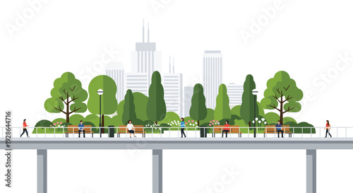 Several people walk and sit on benches along a modern elevated pedestrian walkway lined with green trees and flowers against a white city skyline background.