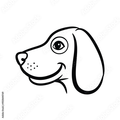 A cheerful and stylized line drawing of a beagle dog with floppy ears and a smiling face
