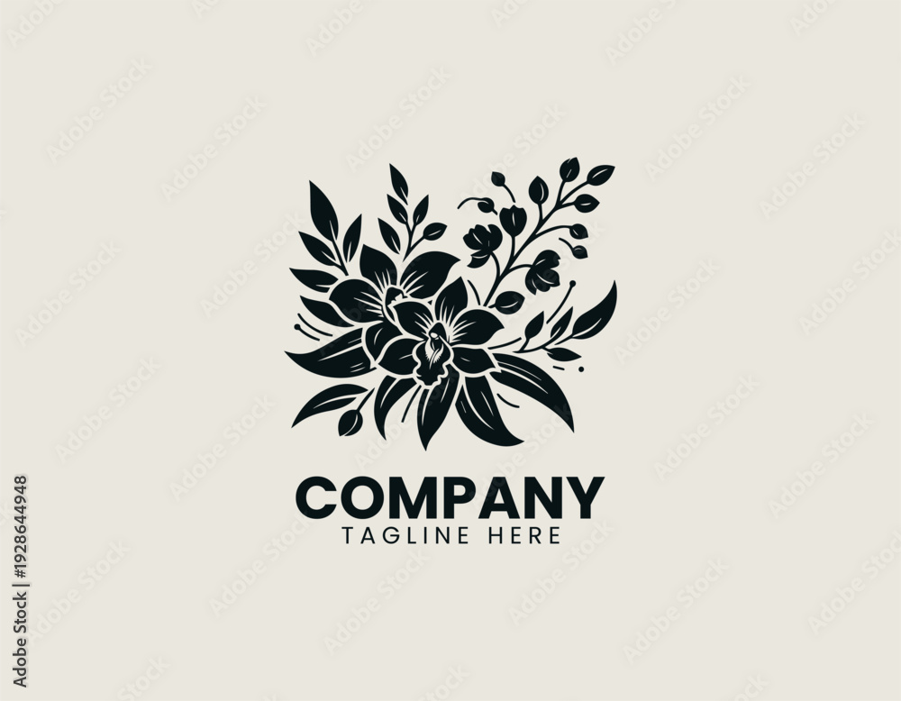 Obraz premium Elegant orchid flowers with buds and flowing leaves are presented as clean monochrome vector logo on white background for floral branding use