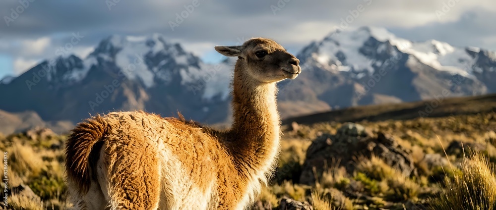Obraz premium Brown llama standing in Andean highland landscape with snow-capped mountain peaks and golden grassland under dramatic cloudy sky at sunset.