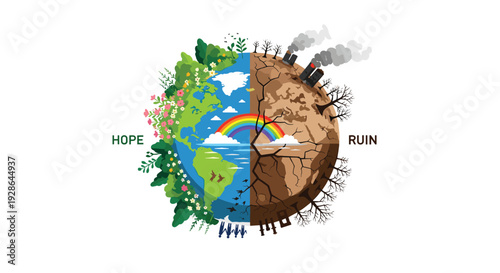 A circular illustration of Earth split vertically shows a lush green landscape with a rainbow on one side and a dry cracked wasteland with smoking chimneys.