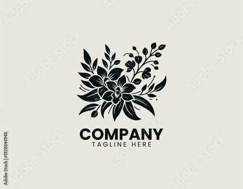 Elegant orchid flowers with buds and flowing leaves are presented as clean monochrome vector logo on white background for floral branding use