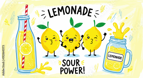 Ilustração divertida de limonada fresca com limões sorridentes e a frase "Sour Power!", perfeita para o verão.