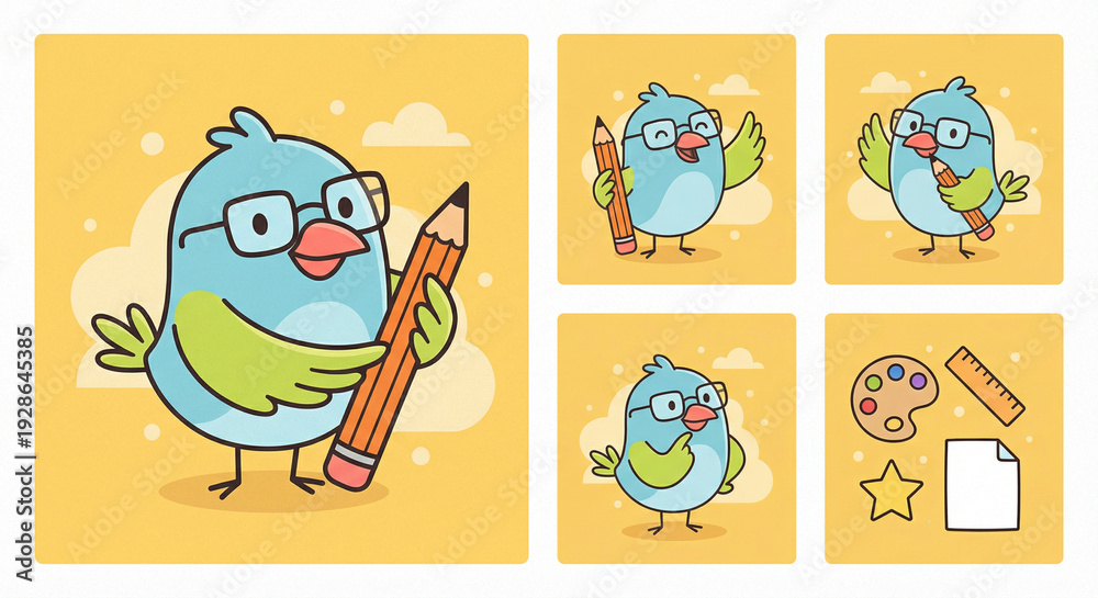 Fototapeta premium Cute Blue Cartoon Bird Holding Pencil With Glasses — Creative School Art Mascot.