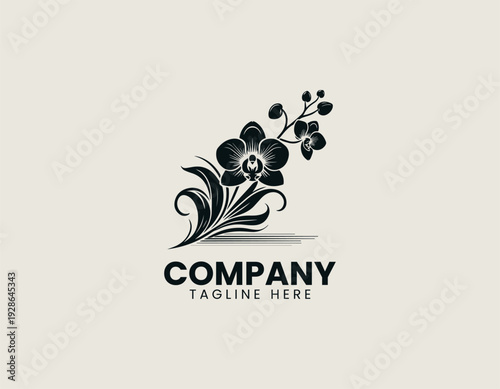 Elegant orchid flowers with buds and flowing leaves are presented as clean monochrome vector logo on white background for floral branding use