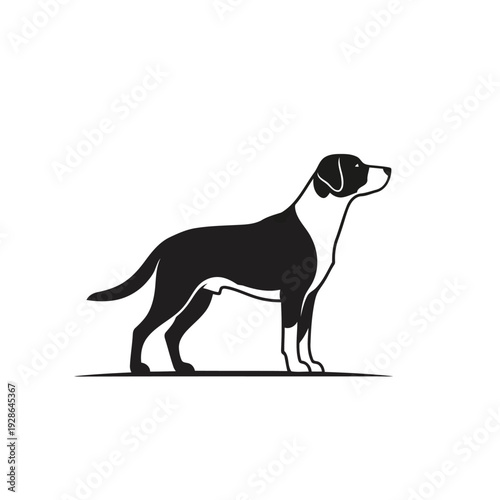 Black and white silhouette of a standing dog with floppy ears and a docked tail