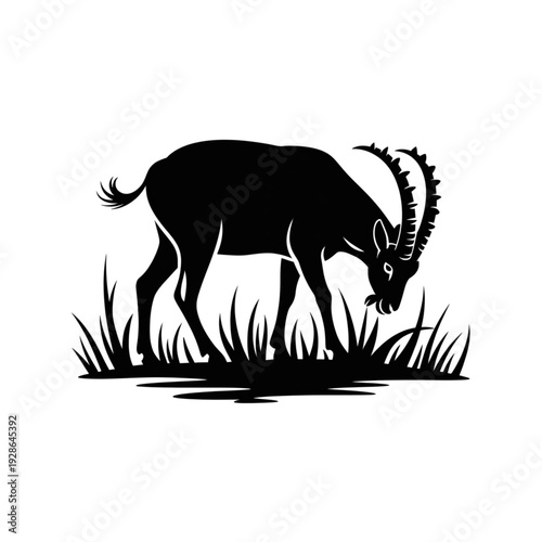 Mountain goat ibex silhouette grazing in grass, wild alpine animal icon for nature and wilderness design