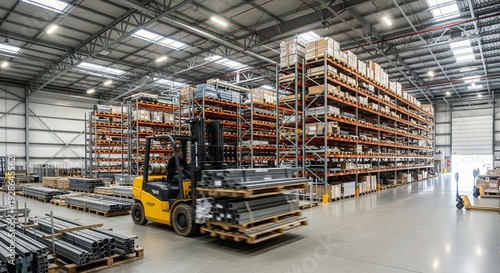 A wide shot of a busy industrial warehouse. A yellow forklift is carrying a heavy load of metal components in the foreground, with tall shelves filled with organized stock stretching 