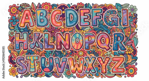 Alfabeto completo de A a Z com letras coloridas em estilo psicodélico tie-dye e fundo floral detalhado, ideal para design infantil e educação.
