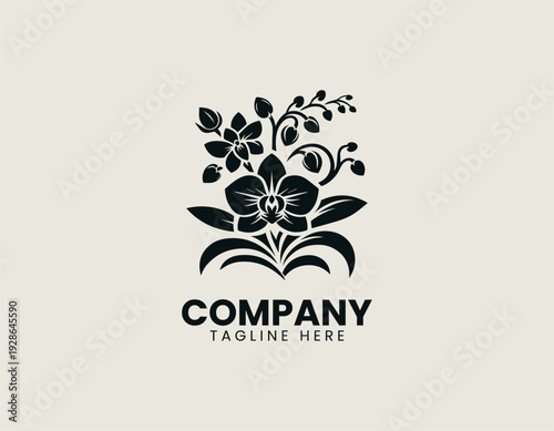 Elegant orchid flowers with buds and flowing leaves are presented as clean monochrome vector logo on white background for floral branding use