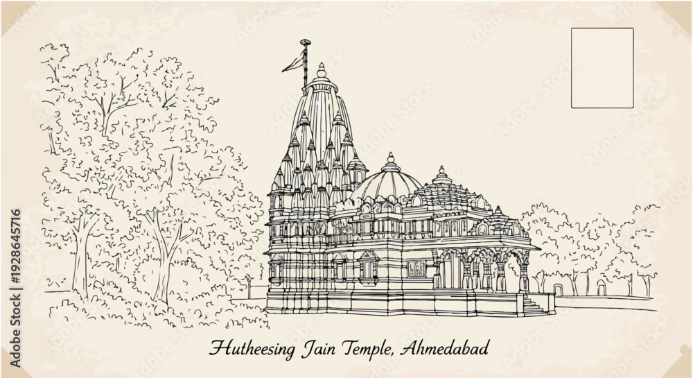 Fototapeta premium Ilustração em estilo vintage do Templo Jain Hathisingh em Ahmedabad, Índia, com arquitetura intrincada e paisagem serena, evocando uma antiga gravura.