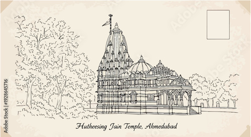 Ilustração em estilo vintage do Templo Jain Hathisingh em Ahmedabad, Índia, com arquitetura intrincada e paisagem serena, evocando uma antiga gravura.