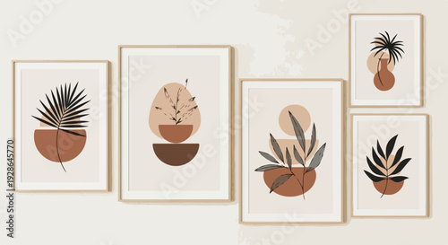 Conjunto de quadros minimalistas com arte abstrata botânica e formas geométricas em tons terrosos, criando uma decoração de parede moderna e estética.