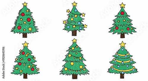 Conjunto vibrante de seis árvores de Natal ilustradas em estilo desenho animado, decoradas com estrelas, bolas e guirlandas coloridas, perfeitas para designs festivos de inverno.