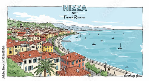 Vista panorâmica ilustrada da deslumbrante Nice, na Riviera Francesa, com edifícios históricos, barcos no Mediterrâneo e a icónica Promenade des Anglais.