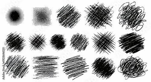Coleção de rabiscos, hachuras e texturas de meio-tom em preto e branco, ideais para elementos gráficos e fundos de design.