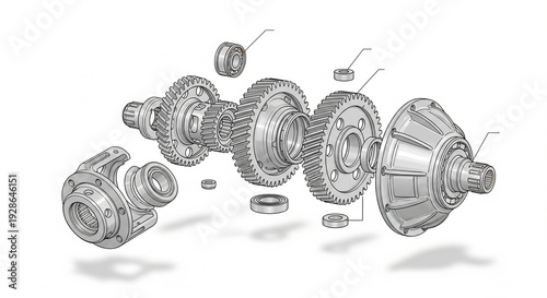 A clean, technical illustration showing the different parts of a gear system separated in the air to show how they fit together