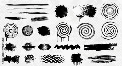 Coleção de elementos gráficos abstratos em preto e branco, com pinceladas, manchas de tinta, espirais e texturas grunge para design criativo.