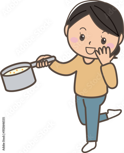 料理中に味見する主婦イラスト（成功・おいしい表情）