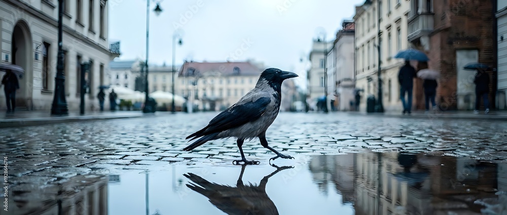 Naklejka premium Black crow walking on wet cobblestone street with reflection in puddle, historic European city architecture in background, urban wildlife photography.