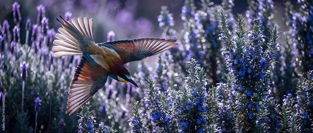 Obraz premium Hummingbird with spread wings hovering over blooming purple lavender flowers in garden during golden hour creating peaceful nature scene.