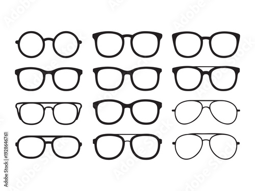 Collection of twelve black eyeglass frames on white background eyeglasses glasses 1