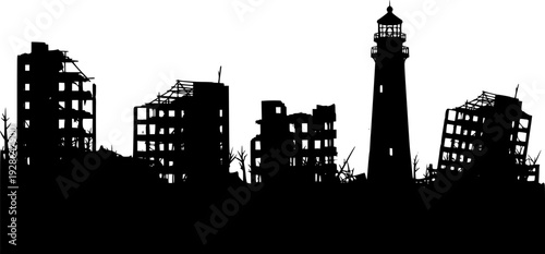 Black silhouettes of destroyed buildings and a lighthouse a white background destruction ruin
