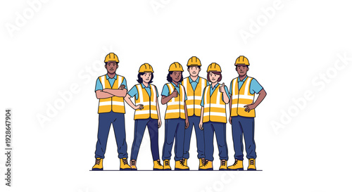 Six diverse construction workers wearing yellow hard hats and safety vests standing together against a white background.