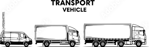 Black and white graphic of three trucks and text transport vehicle
