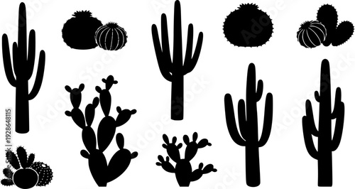 Collection of various black cactus silhouettes on a white background for design projects
