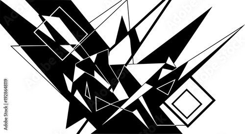 Abstract geometric art in a stark monochrome design featuring angular lines and sharp shapes
