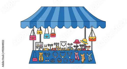 A retail market stall with a blue striped awning displaying colorful handbags jewelry necklaces and scarves on a table.