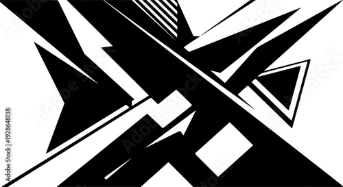 Abstract geometric art in a stark monochrome design featuring angular lines and sharp shapes
