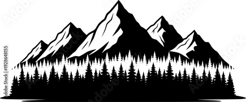 Silhouette mountain range and pine trees illustration
