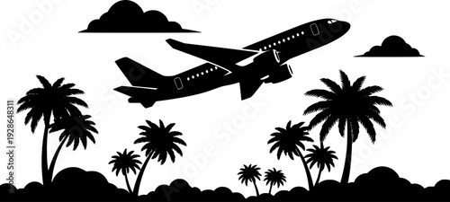 Simple black of an airplane flying over tropical palm trees and clouds flight travel
