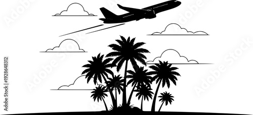 Simple black of an airplane flying over tropical palm trees and clouds flight travel
