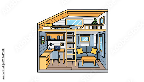 Cozy tiny home interior with loft space and modern furniture