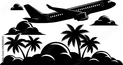 Simple black of an airplane flying over tropical palm trees and clouds flight travel
