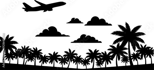 Simple black of an airplane flying over tropical palm trees and clouds flight travel
