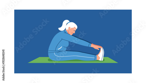 Mature woman stretching on yoga mat in calming pose