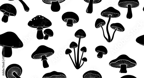 Seamless pattern of black mushroom silhouettes a white background
