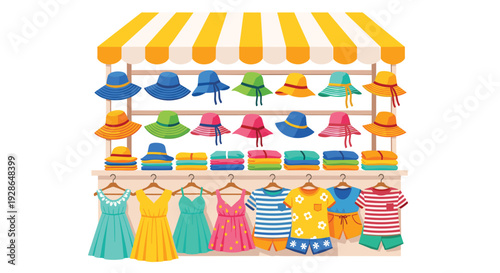 A vibrant market stall with a yellow striped awning displaying colorful sun hats and hanging summer dresses and shirts.