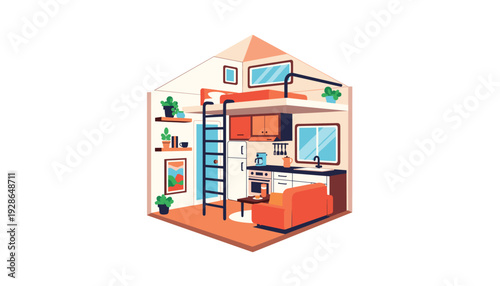 Cozy modern studio apartment with kitchenette and loft bed