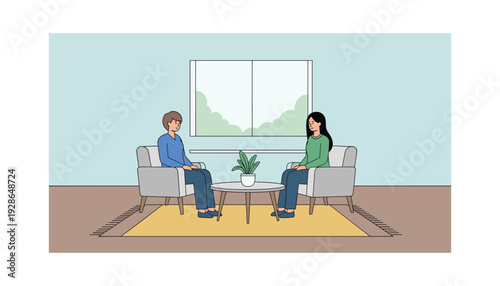 Man and woman having conversation in modern living room
