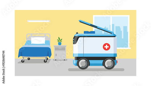 Autonomous medical robot delivering supplies to hospital bed in modern healthcare setting