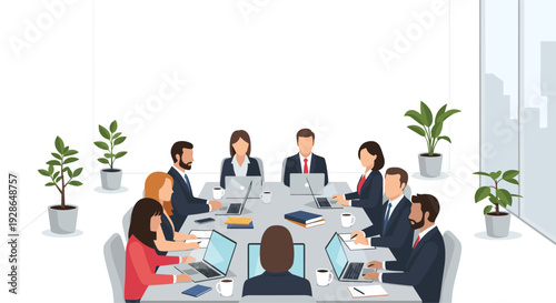 Ten business professionals sit around a grey conference table with laptops and coffee mugs in a bright office with green potted plants.