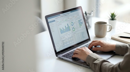 Business professional analyzing financial data and charts on laptop computer in modern office workspace for corporate reporting and analytics.