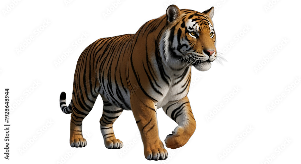 Obraz premium Magnificent 8k hyperrealistic Bengal tiger, mid-stride with piercing amber eyes, perfect for luxury branding, powerful marketing, educational content, or Lunar New Year designs.